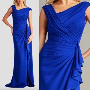 NWT Tadashi Shoji Asymmetric Neck Side Ruffle Dress Gown Mystic Blue Size XS